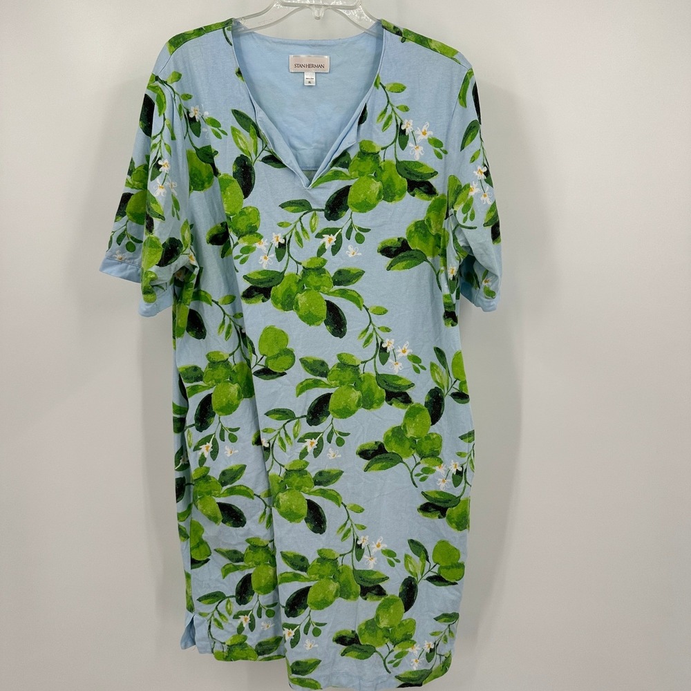 Stan Herman Womens Sz XL Blue Lime Fruit Print Cotton Knit Lounger Dress Pockets